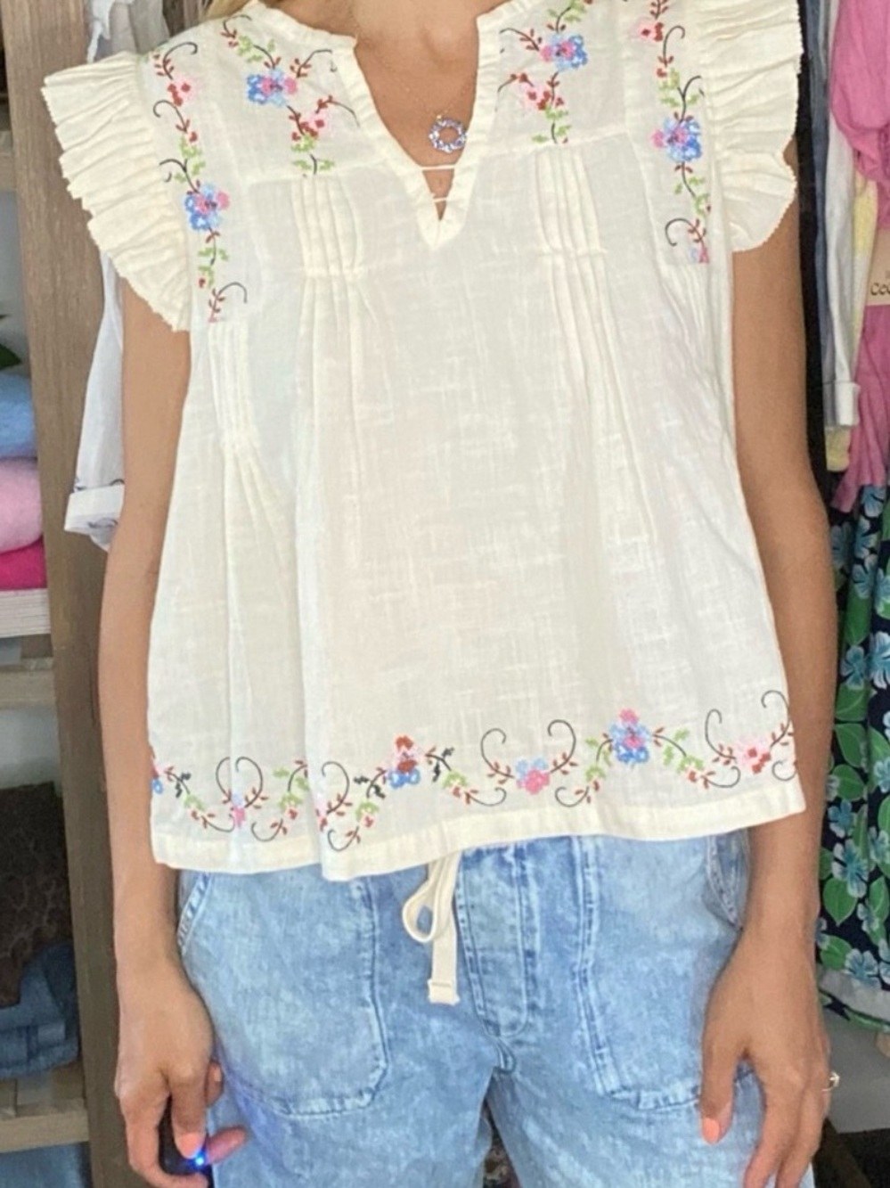 Jennifer Grace Y2K Embroidered Ruffle Sleeve Top Size XL Boho Floral Cottagecore - Picture 13 of 13